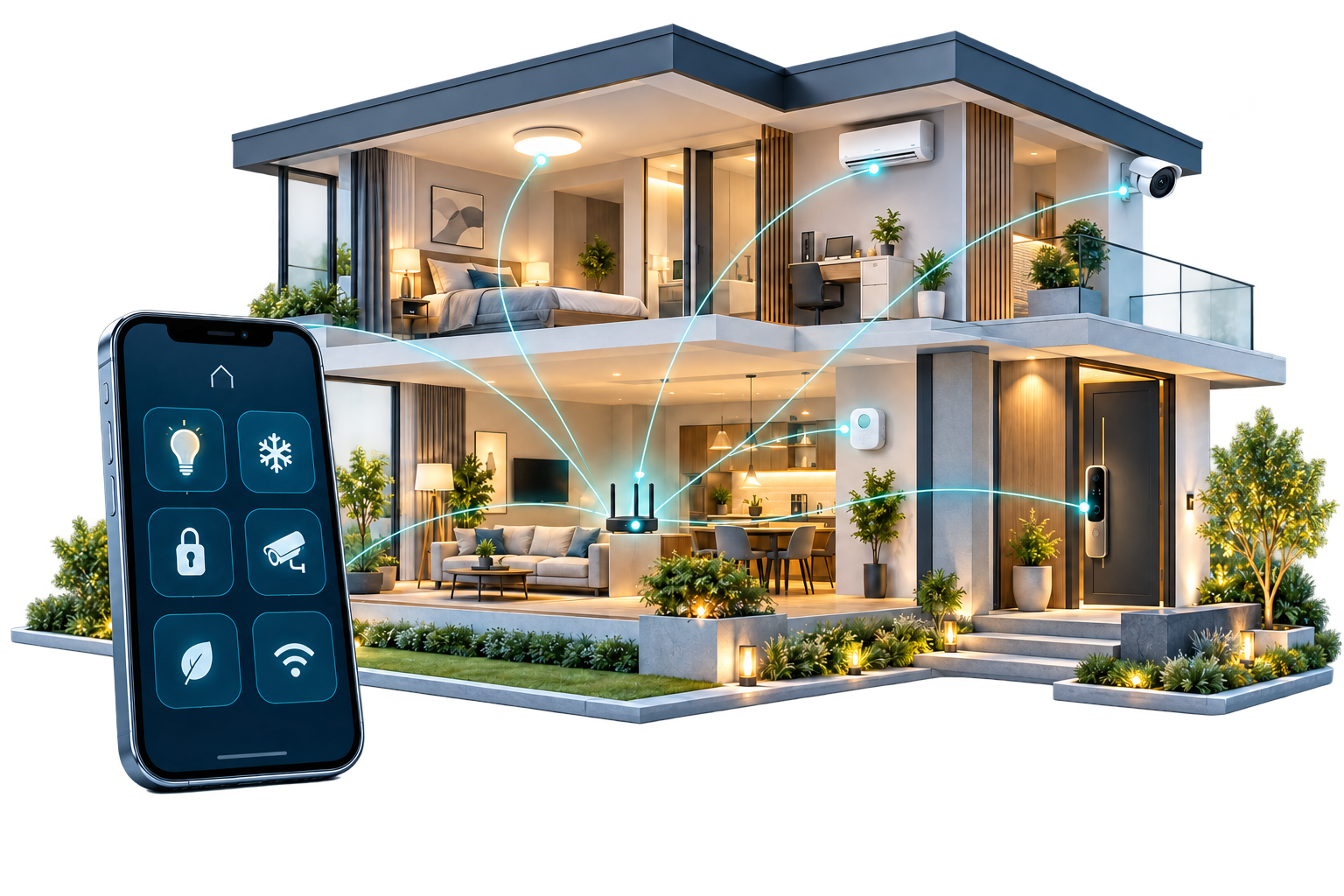 Smart home IoT devices connected to lighting, security, climate control and Wi-Fi